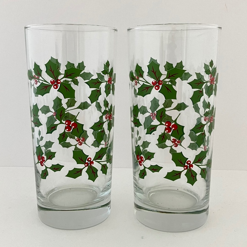 Vintage Set Of 2 Libbey Poinsettia Glass Coolers 6 1/8" Excellent Condition